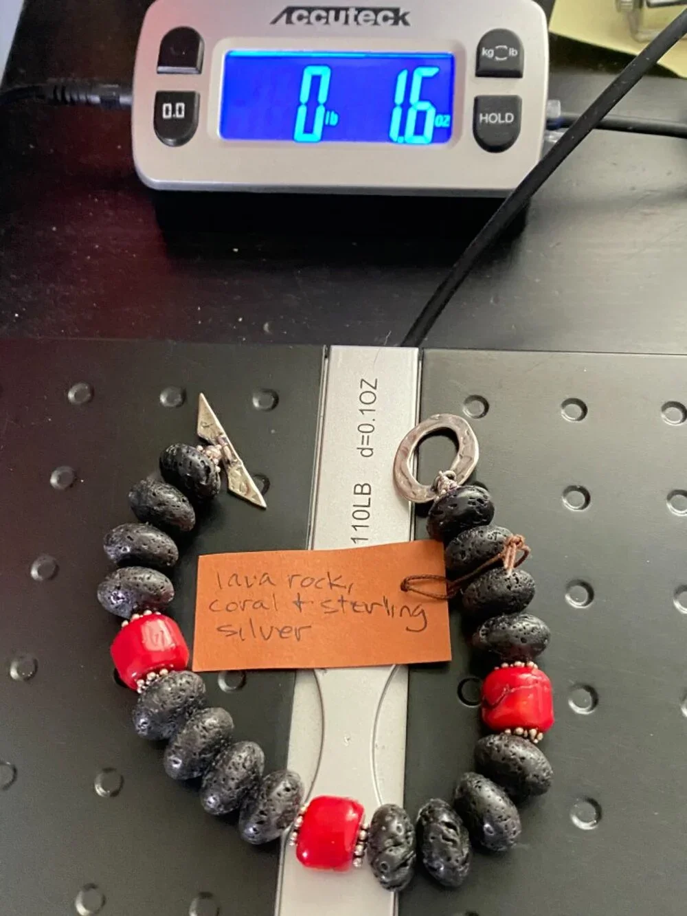 Carol Bradley Bracelet Black Lava Rock Red Coral Sterling Silver 925 Clasp